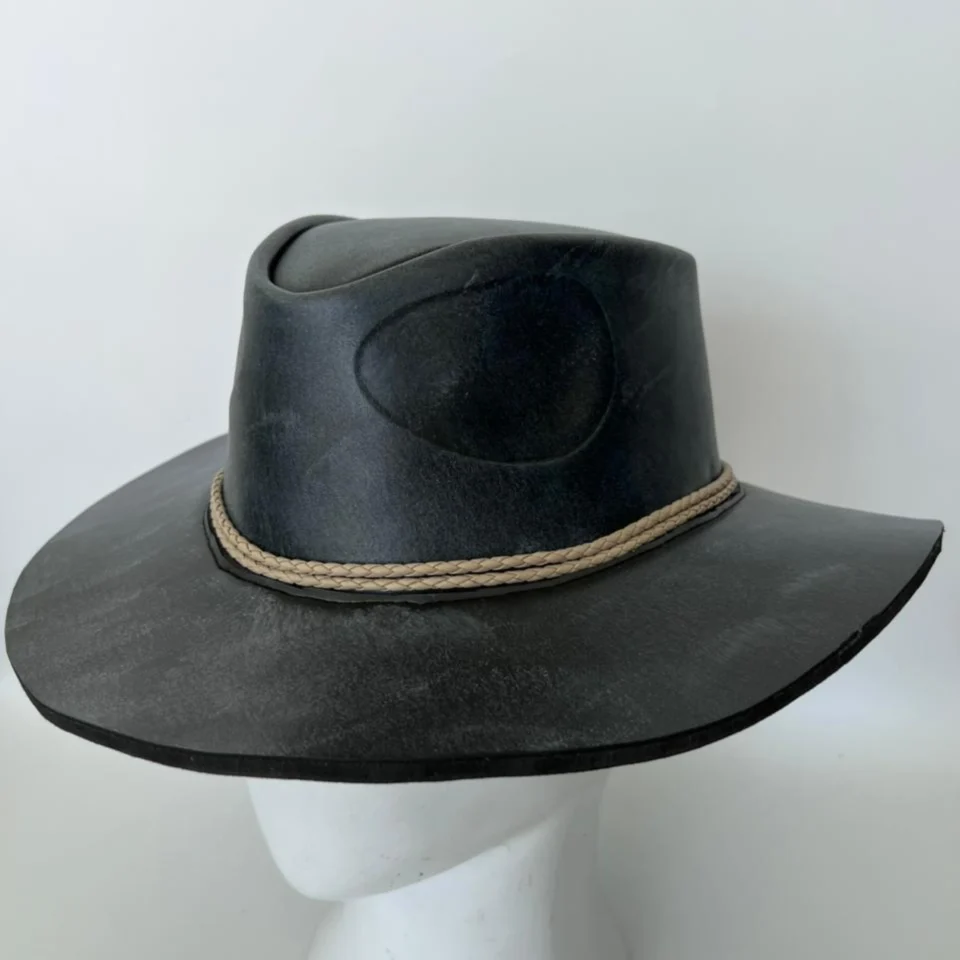 Light Neutral Handmade Leather Steampunk Top Hat Style 112 back view - light neutral steampunk top hat with structured crown