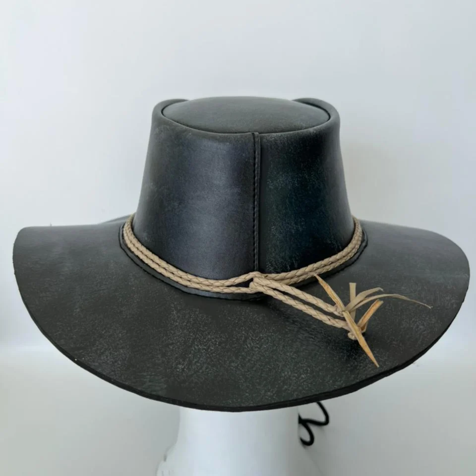 Light Neutral Handmade Leather Steampunk Top Hat Style 112 side view - light neutral steampunk top hat with structured crown