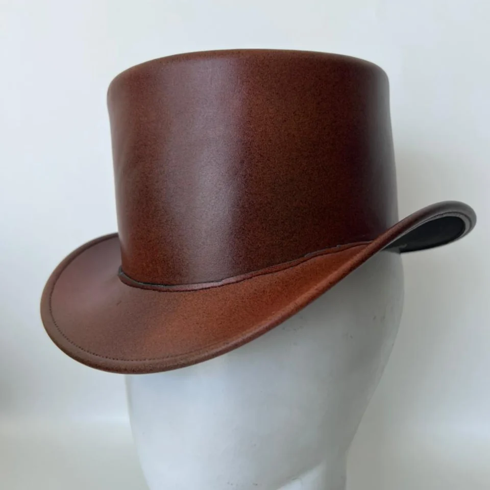 Reddish Brown Steampunk High Crown Top Hat back view - reddish brown with dark brim steampunk top hat with high crown