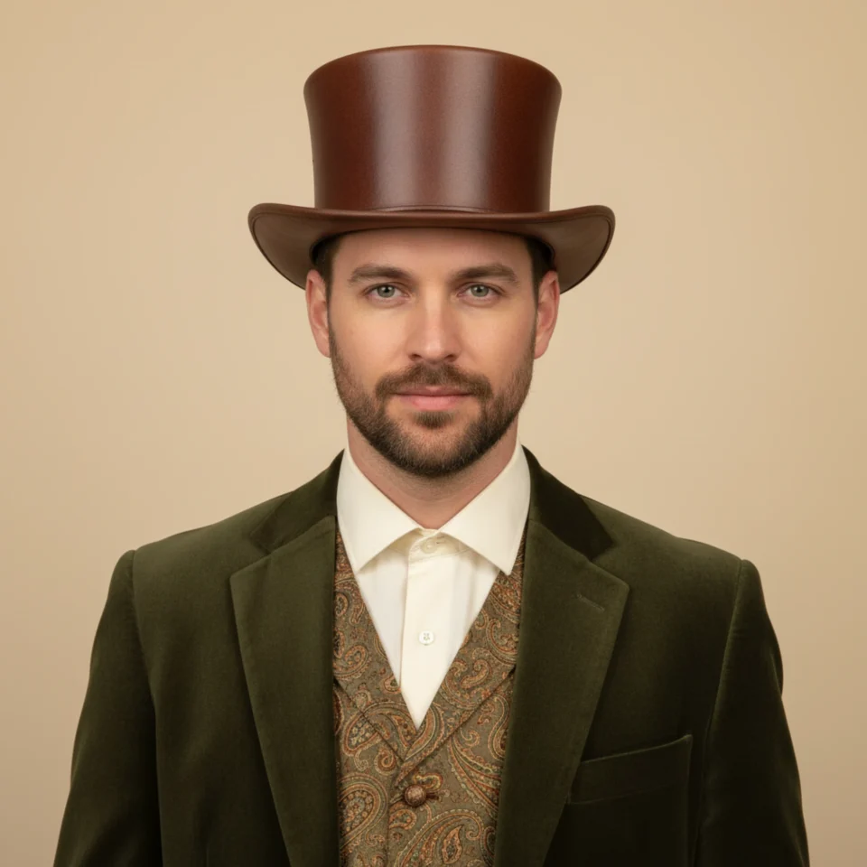 Reddish Brown Steampunk High Crown Top Hat front view - reddish brown with dark brim steampunk top hat with high crown