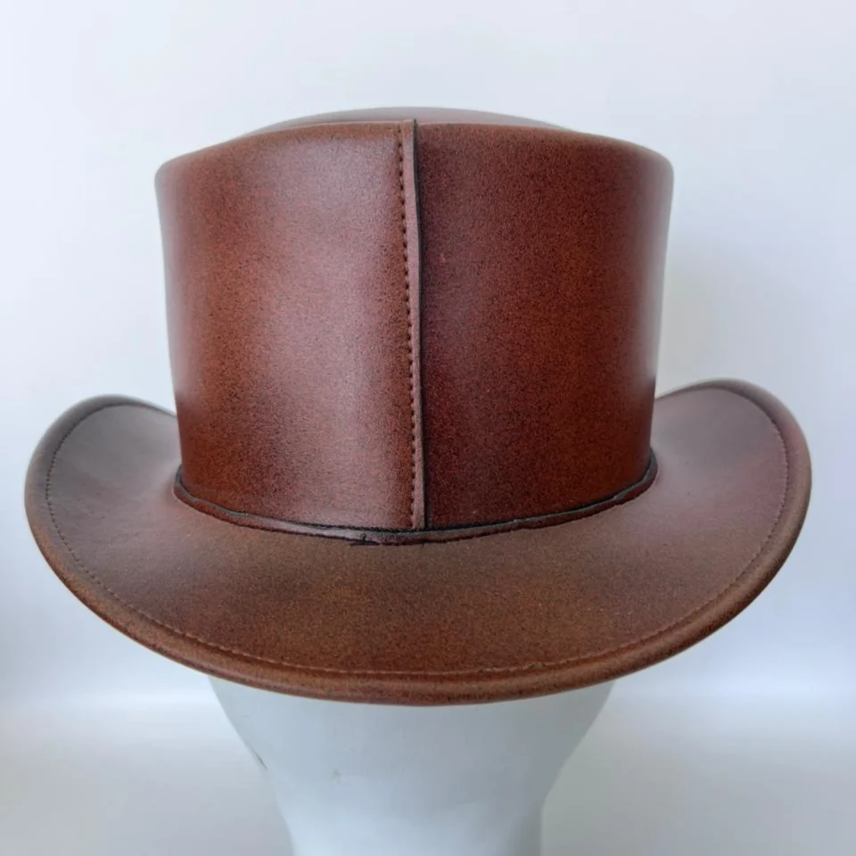 Reddish Brown Steampunk High Crown Top Hat side view - reddish brown with dark brim steampunk top hat with high crown