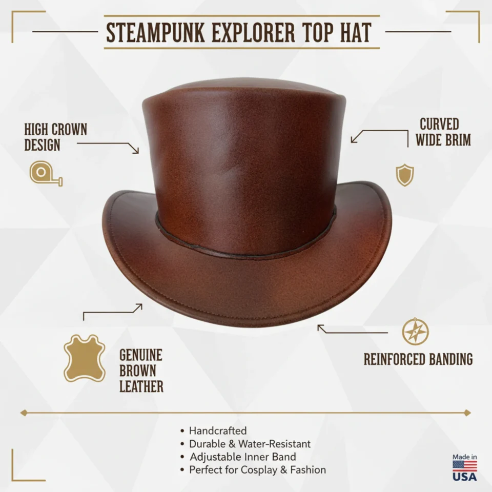 Reddish Brown Steampunk High Crown Top Hat three-quarter view - reddish brown with dark brim steampunk top hat with high crown