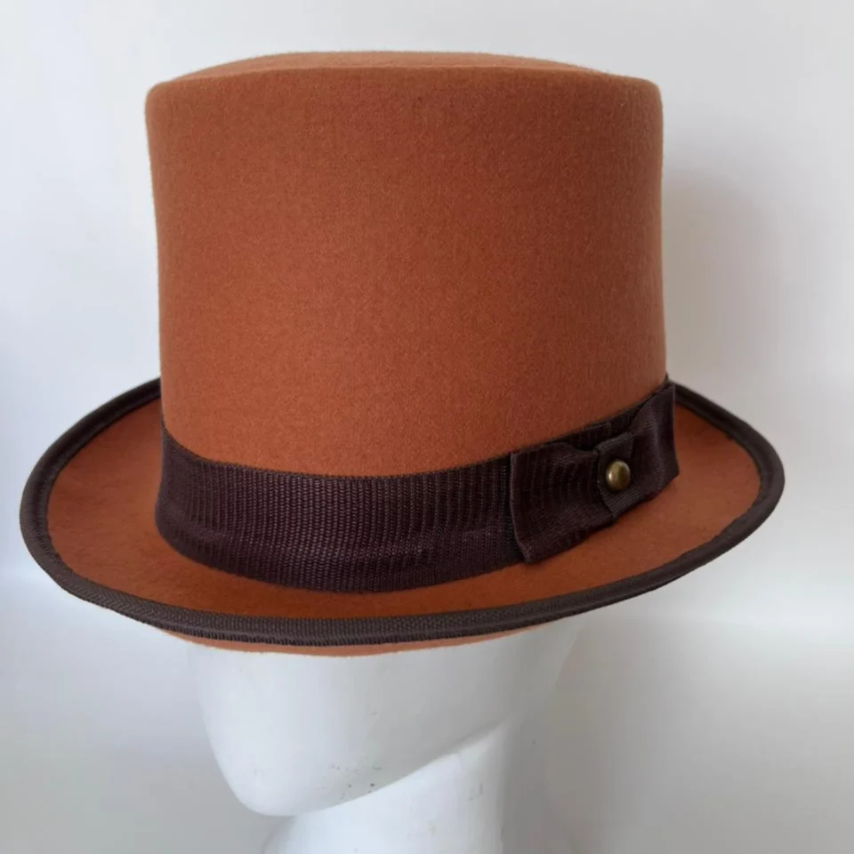 Light Neutral Handmade Leather Steampunk Top Hat Style 121 front view - light neutral steampunk top hat with structured crown