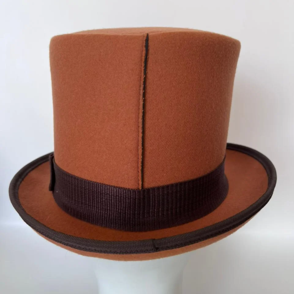 Light Neutral Handmade Leather Steampunk Top Hat Style 121 side view - light neutral steampunk top hat with structured crown