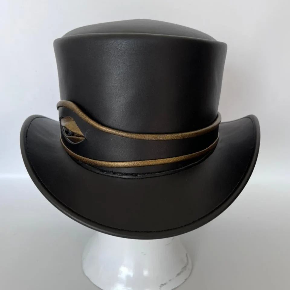 Matte Black Top Hat with Cord Band back view - matte black with tan/gold cord band top hat with thin tan cord band