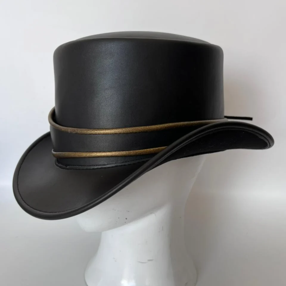 Matte Black Top Hat with Cord Band front view - matte black with tan/gold cord band top hat with thin tan cord band