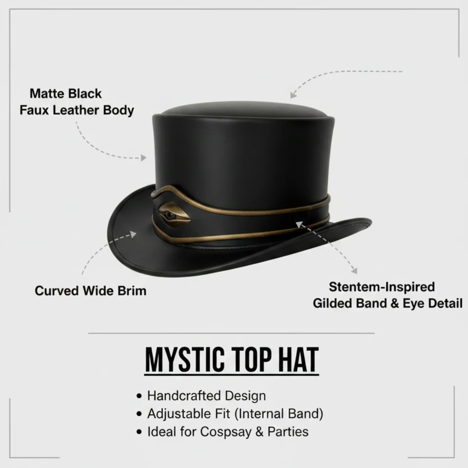 Matte Black Top Hat with Cord Band gallery view 6 - matte black with tan/gold cord band top hat with thin tan cord band