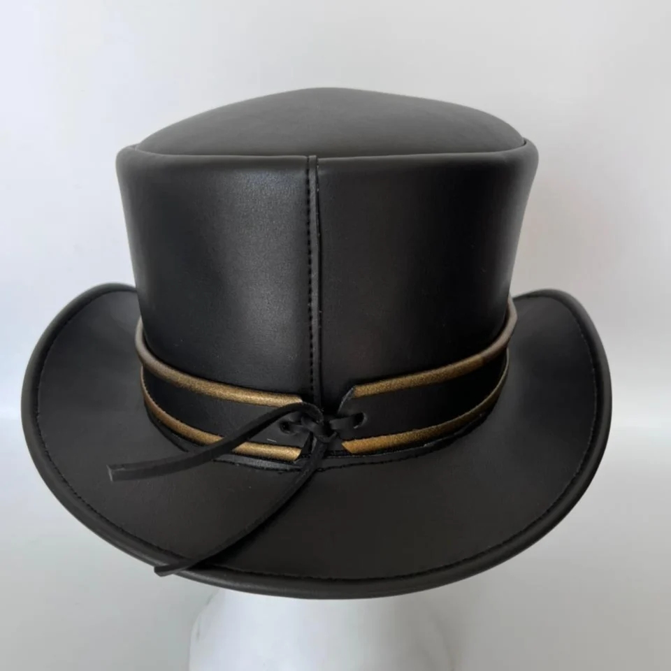 Matte Black Top Hat with Cord Band side view - matte black with tan/gold cord band top hat with thin tan cord band