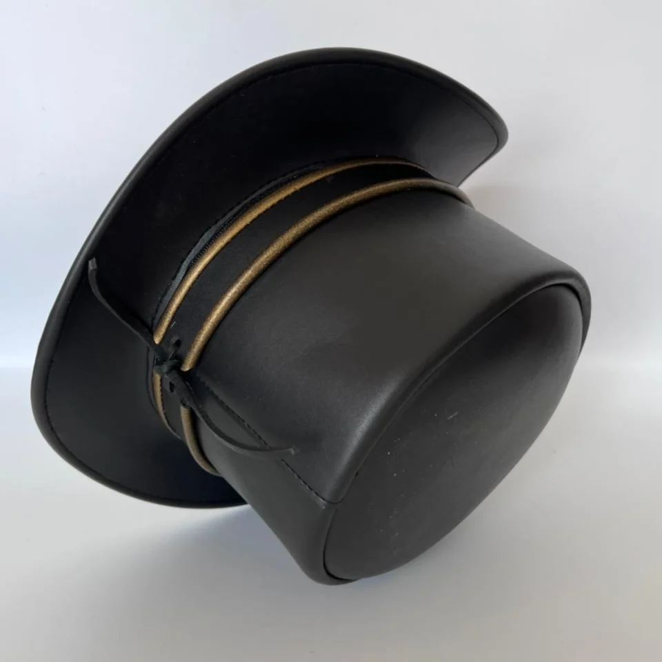 Matte Black Top Hat with Cord Band three-quarter view - matte black with tan/gold cord band top hat with thin tan cord band