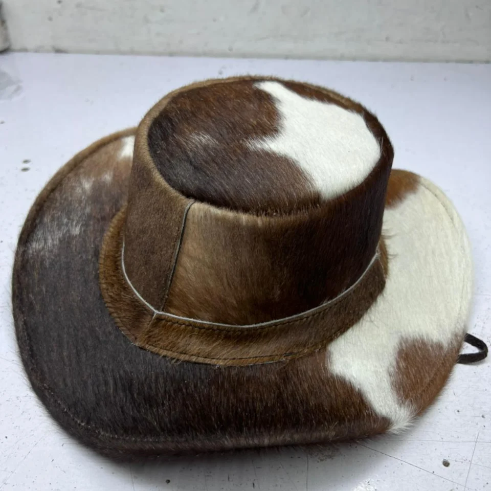 Light Neutral Handmade Leather Steampunk Top Hat Style 130 side view - light neutral steampunk top hat with structured crown