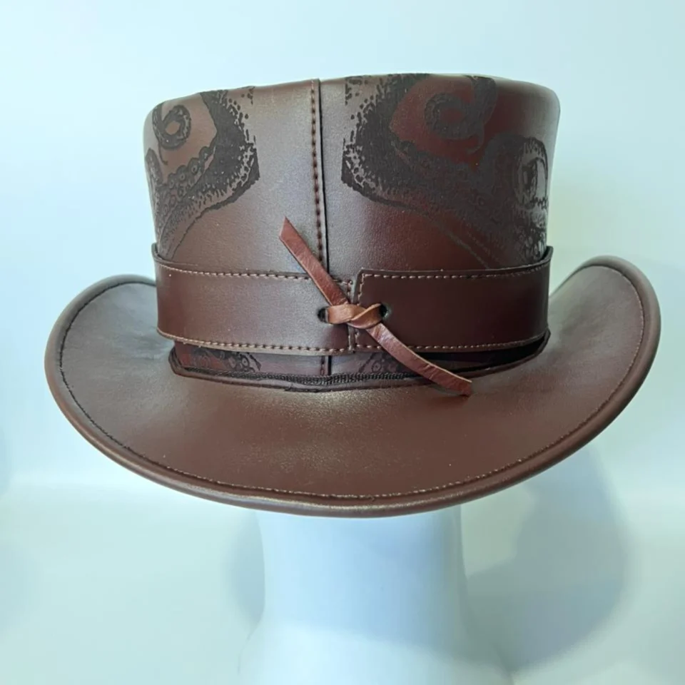 Brown Steampunk Top Hat with Ornate Crown Pattern back view - brown with etched/printed pattern steampunk top hat with ornate crown pattern