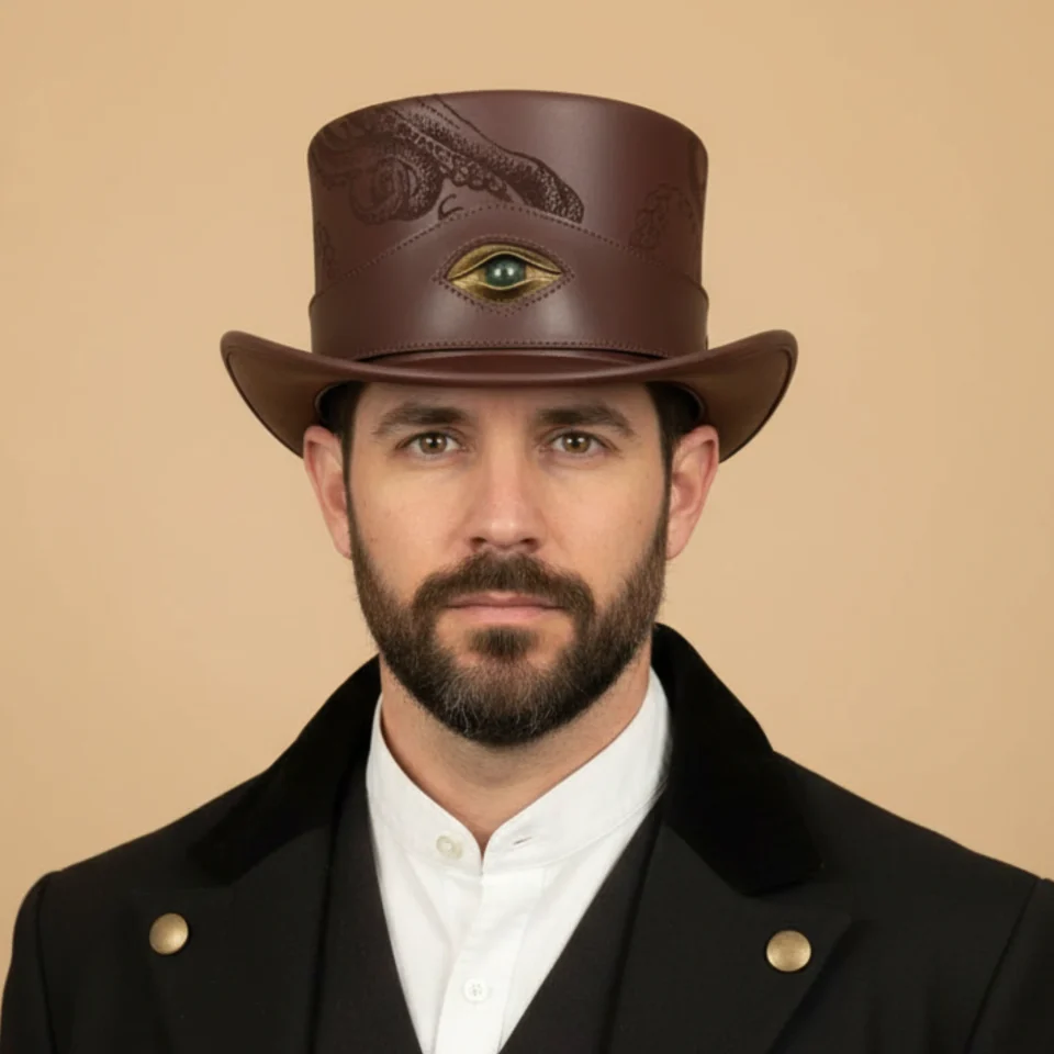 Brown Steampunk Top Hat with Ornate Crown Pattern front view - brown with etched/printed pattern steampunk top hat with ornate crown pattern