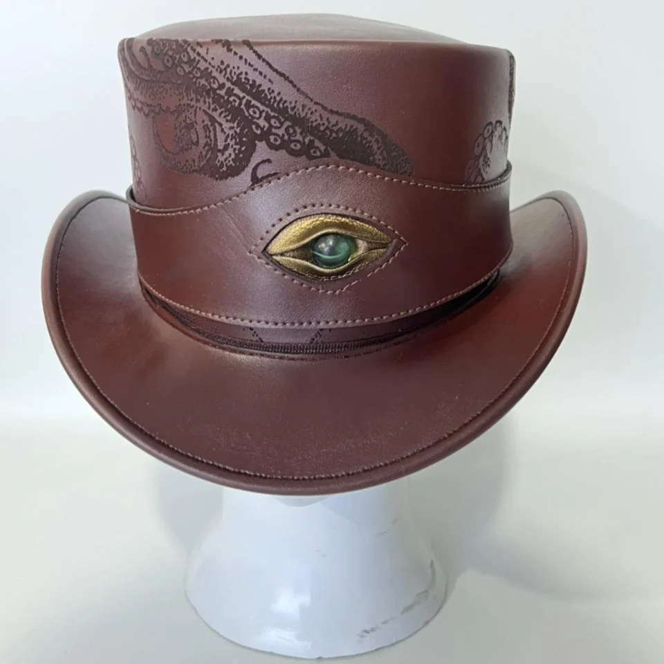 Brown Steampunk Top Hat with Ornate Crown Pattern gallery view 5 - brown with etched/printed pattern steampunk top hat with ornate crown pattern
