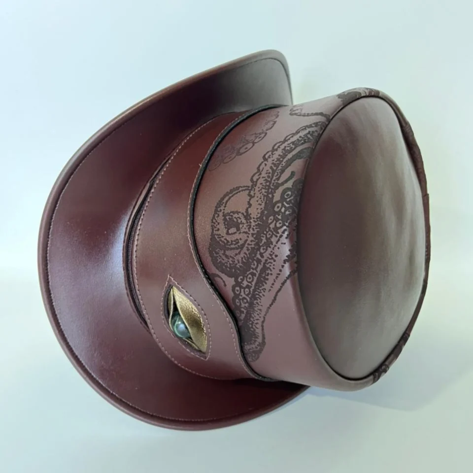 Brown Steampunk Top Hat with Ornate Crown Pattern gallery view 6 - brown with etched/printed pattern steampunk top hat with ornate crown pattern
