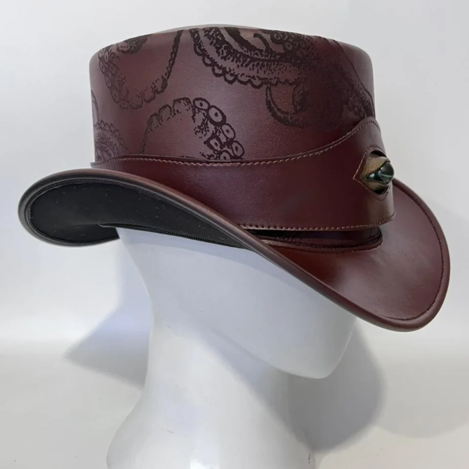 Brown Steampunk Top Hat with Ornate Crown Pattern gallery view 7 - brown with etched/printed pattern steampunk top hat with ornate crown pattern