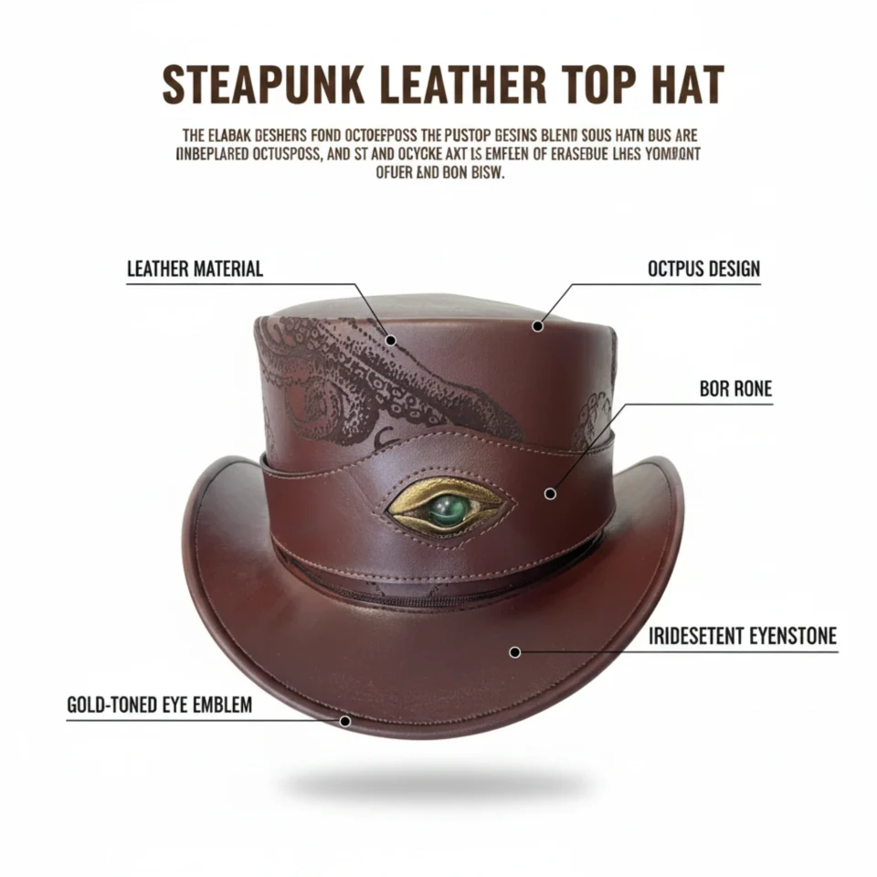 Brown Steampunk Top Hat with Ornate Crown Pattern three-quarter view - brown with etched/printed pattern steampunk top hat with ornate crown pattern