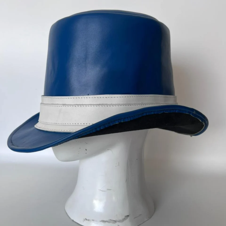Light Neutral Handmade Leather Steampunk Top Hat Style 139 back view - light neutral steampunk top hat with structured crown