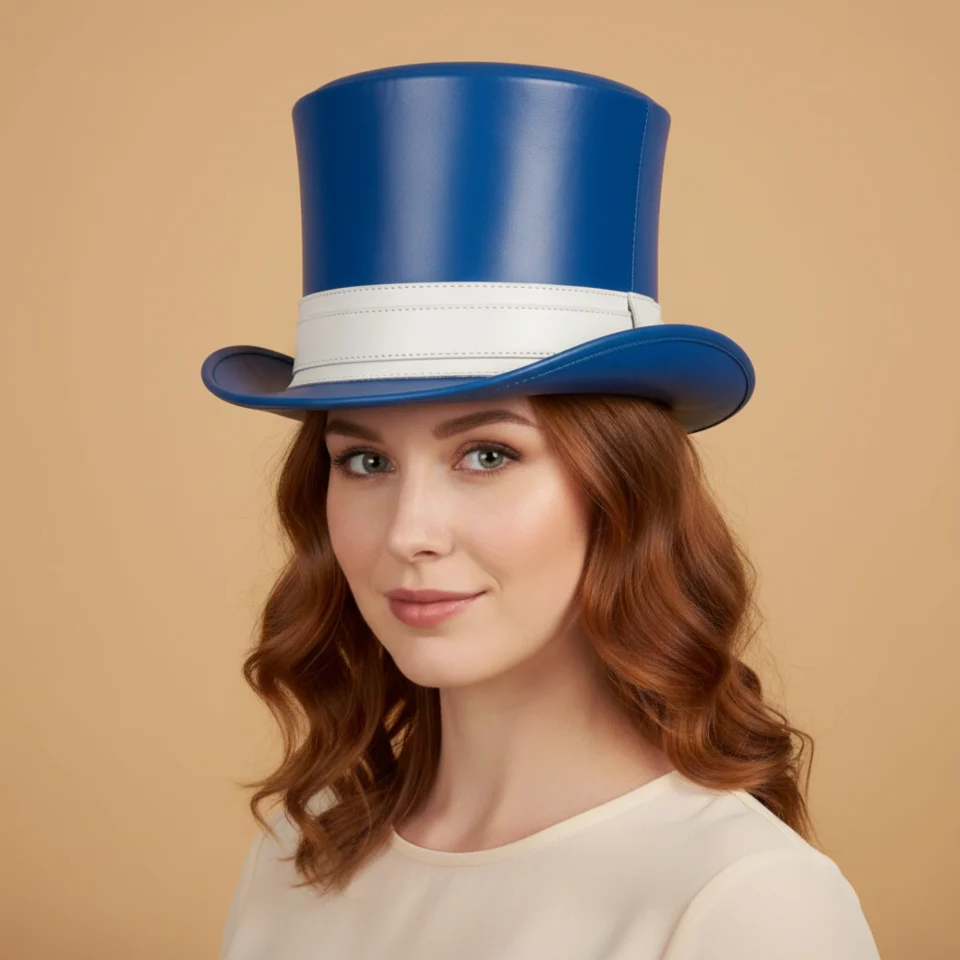 Light Neutral Handmade Leather Steampunk Top Hat Style 139 front view - light neutral steampunk top hat with structured crown
