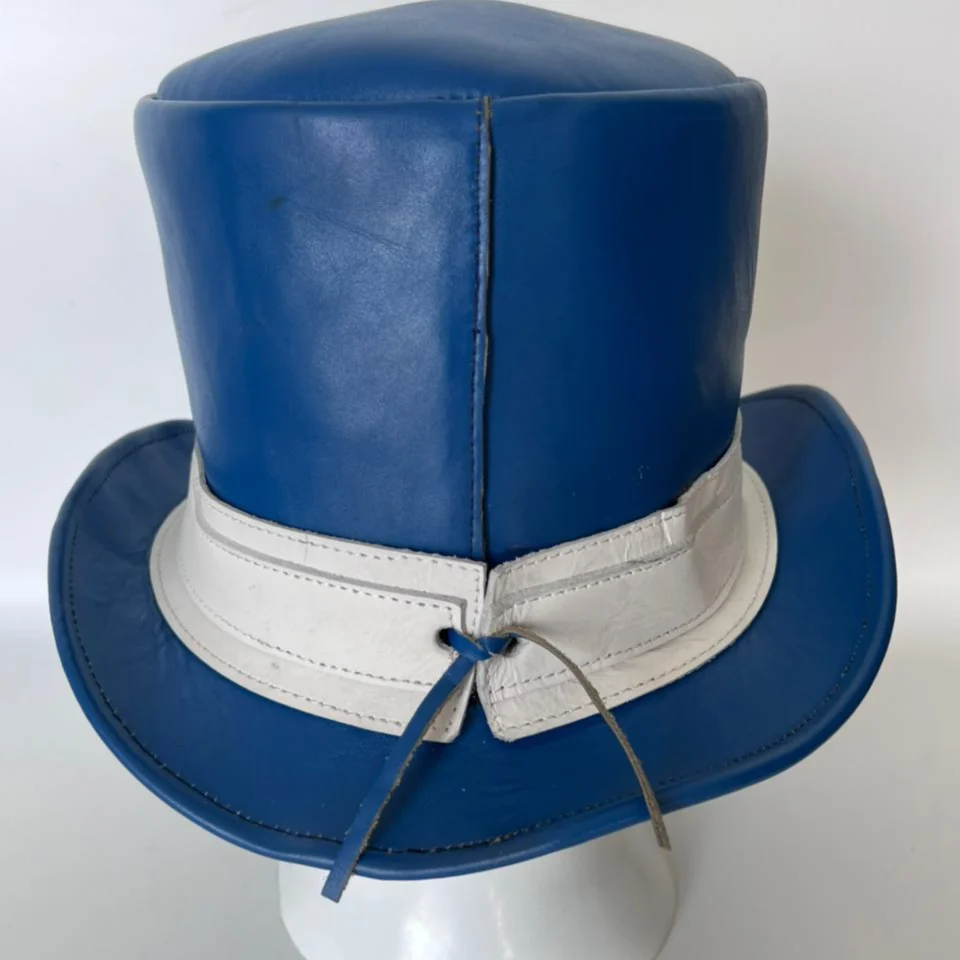 Light Neutral Handmade Leather Steampunk Top Hat Style 139 side view - light neutral steampunk top hat with structured crown
