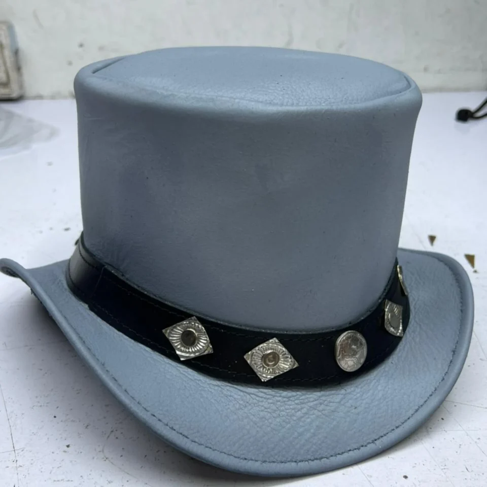 Light Neutral Handmade Leather Steampunk Top Hat Style 142 back view - light neutral steampunk top hat with structured crown