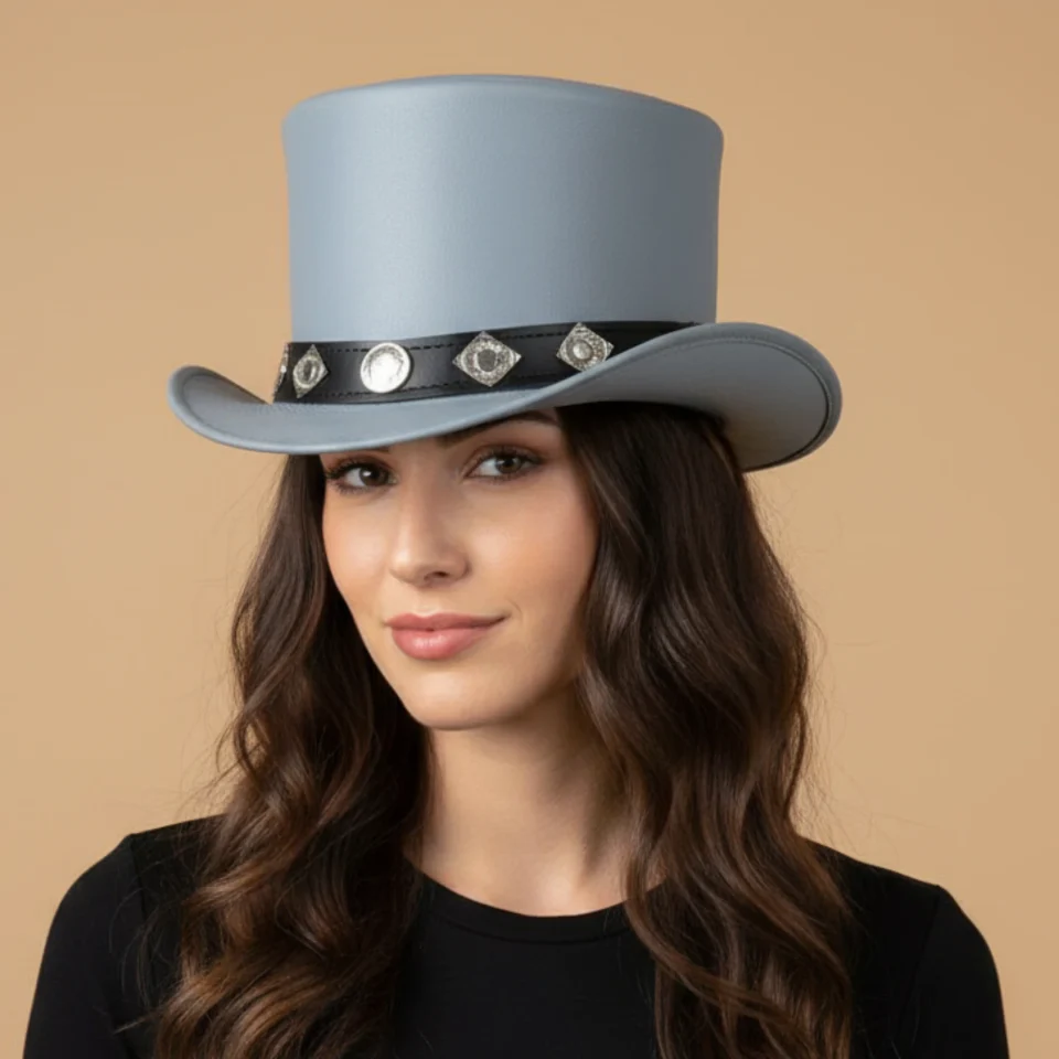 Light Neutral Handmade Leather Steampunk Top Hat Style 142 front view - light neutral steampunk top hat with structured crown