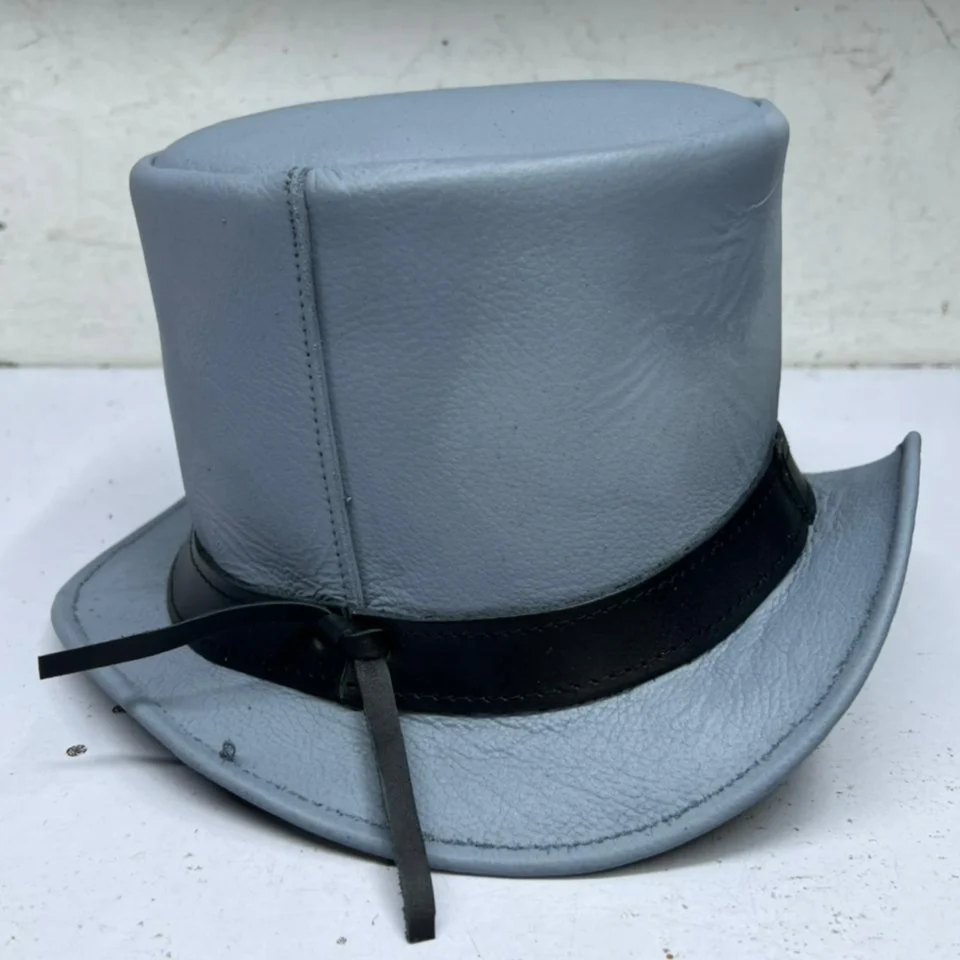 Light Neutral Handmade Leather Steampunk Top Hat Style 142 side view - light neutral steampunk top hat with structured crown