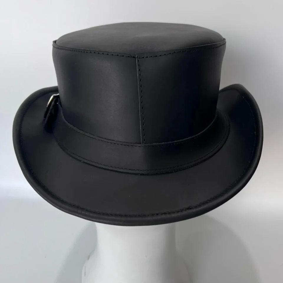 Light Neutral Handmade Leather Steampunk Top Hat Style 145 back view - light neutral steampunk top hat with structured crown