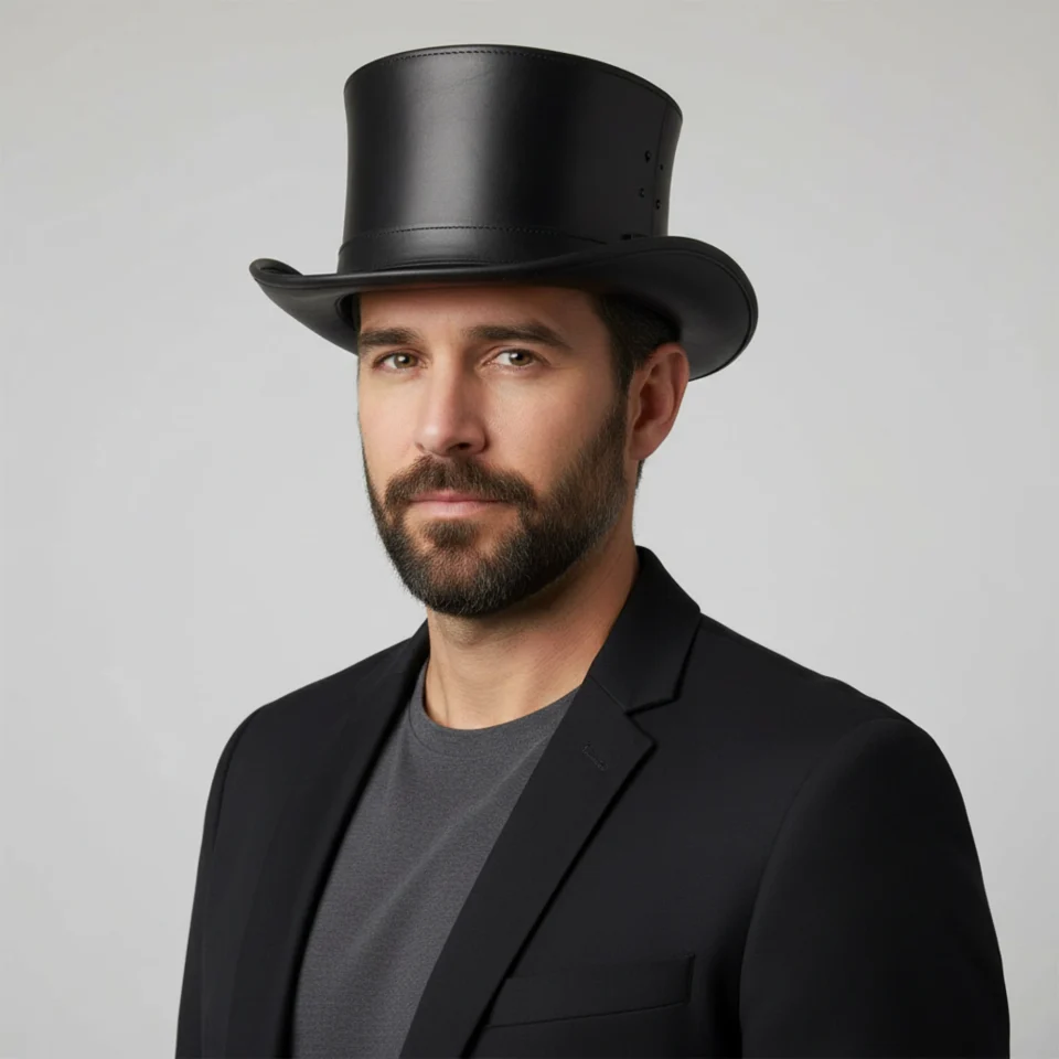 Light Neutral Handmade Leather Steampunk Top Hat Style 145 front view - light neutral steampunk top hat with structured crown