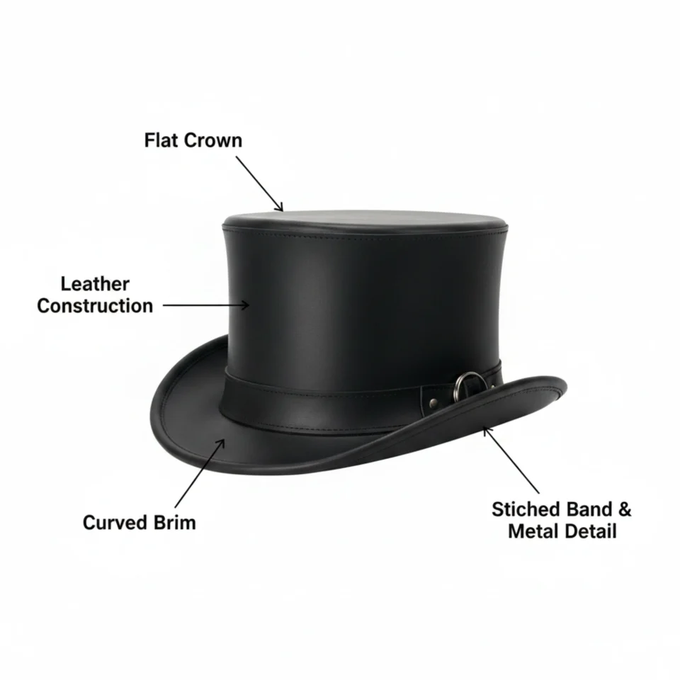 Light Neutral Handmade Leather Steampunk Top Hat Style 145 three quarter view - light neutral steampunk top hat with structured crown