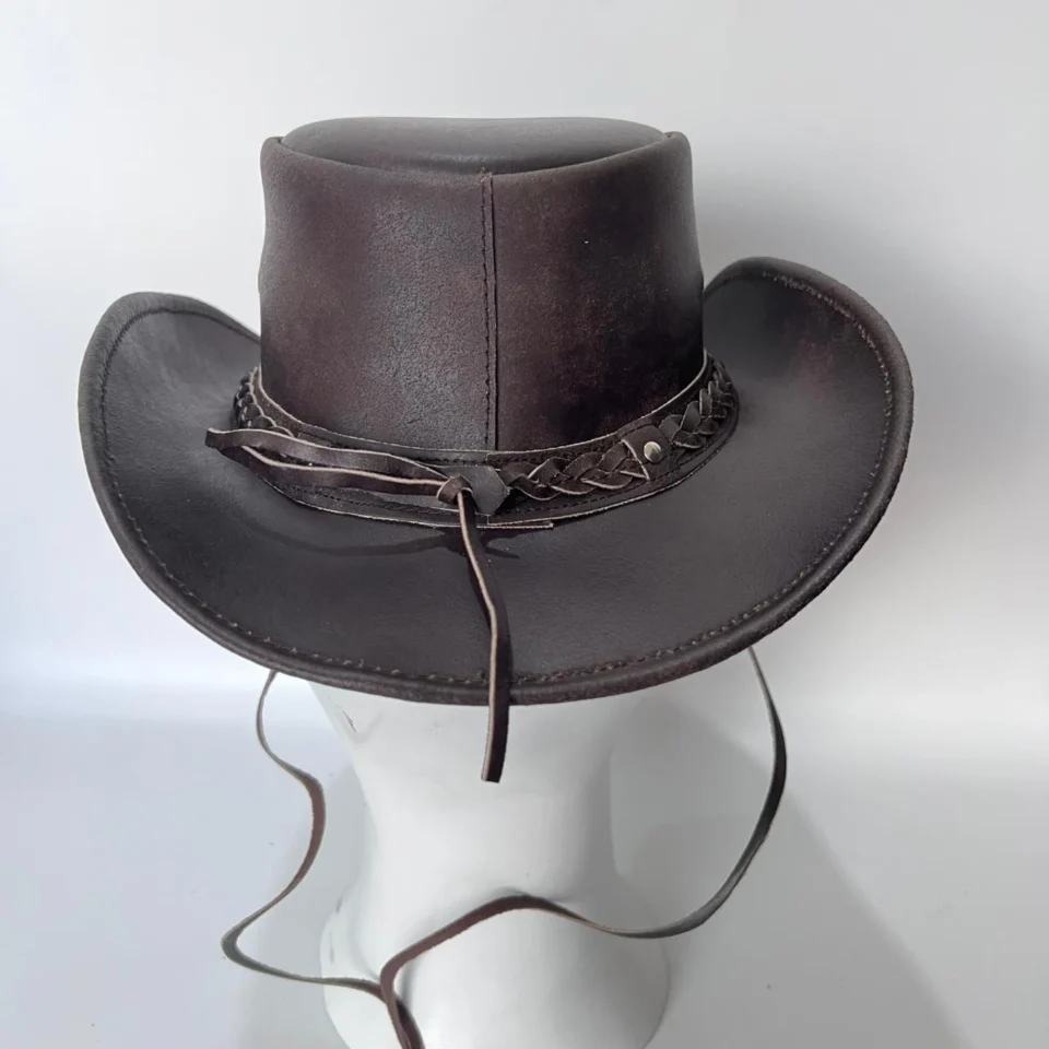 Light Neutral Handmade Leather Steampunk Top Hat Style 148 back view - light neutral steampunk top hat with structured crown
