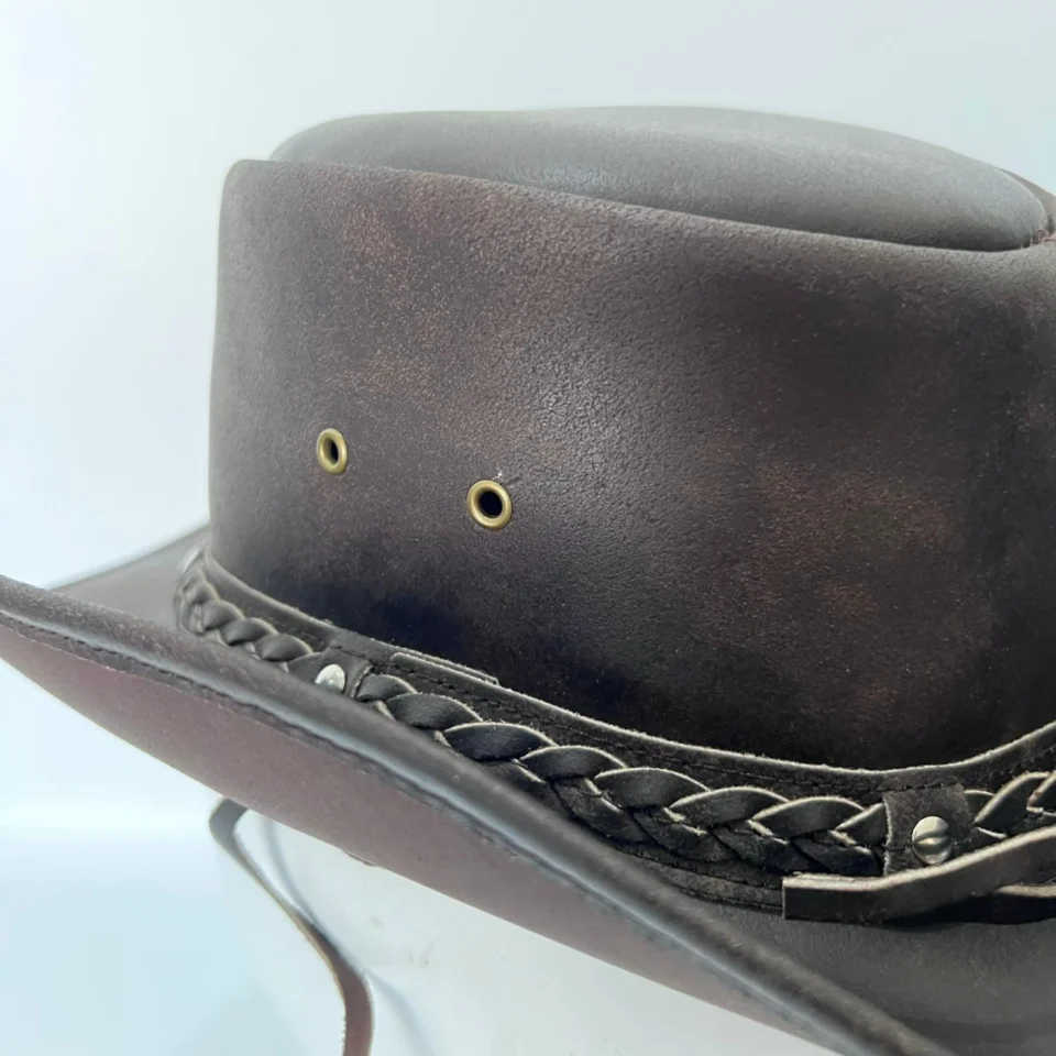 Light Neutral Handmade Leather Steampunk Top Hat Style 148 detail view - light neutral steampunk top hat with structured crown