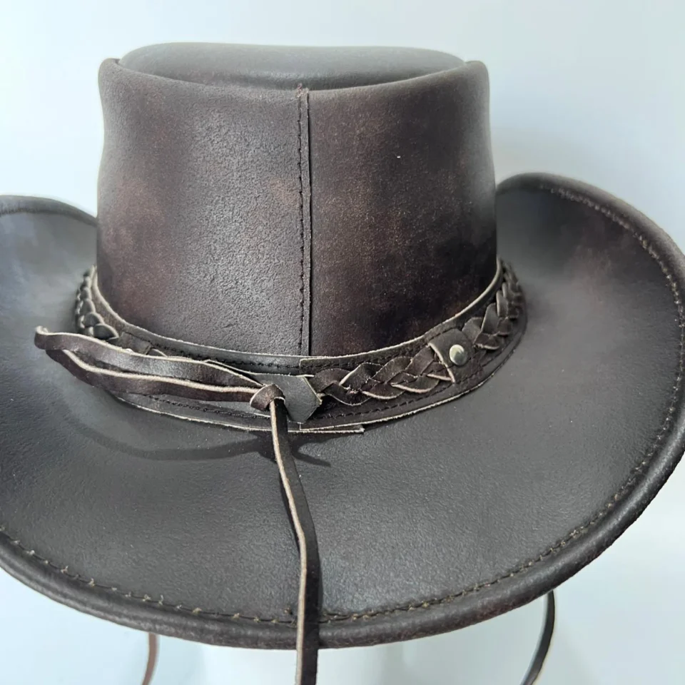 Light Neutral Handmade Leather Steampunk Top Hat Style 148 side view - light neutral steampunk top hat with structured crown
