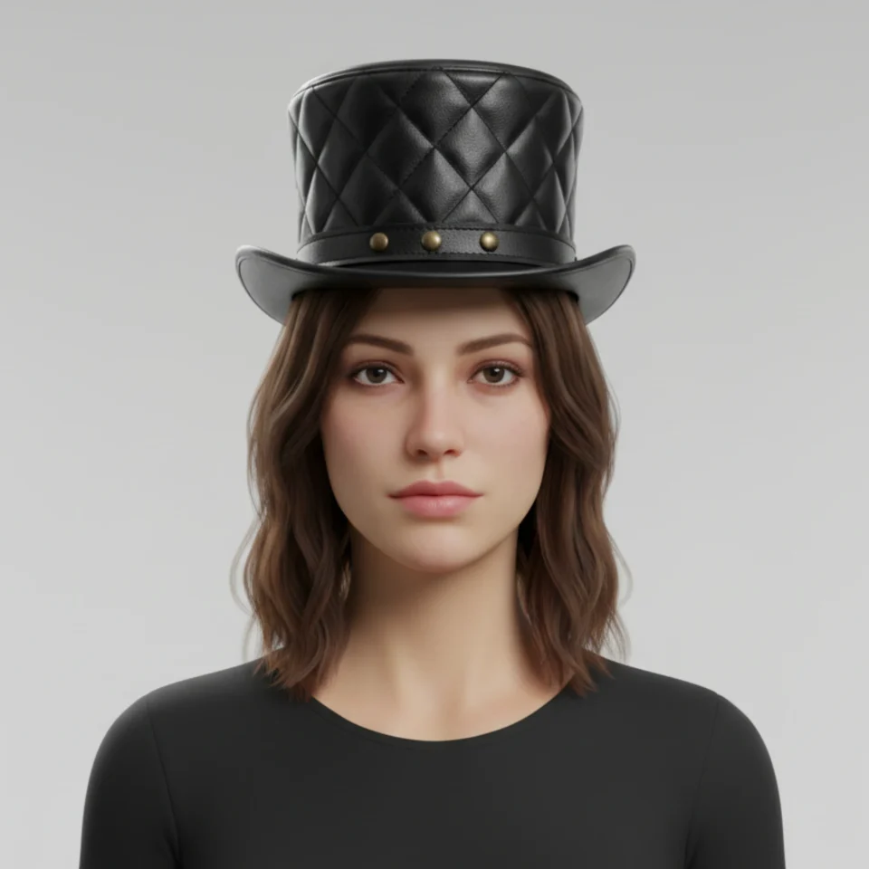 Light Neutral Handmade Leather Steampunk Top Hat Style 151 front view - light neutral steampunk top hat with structured crown
