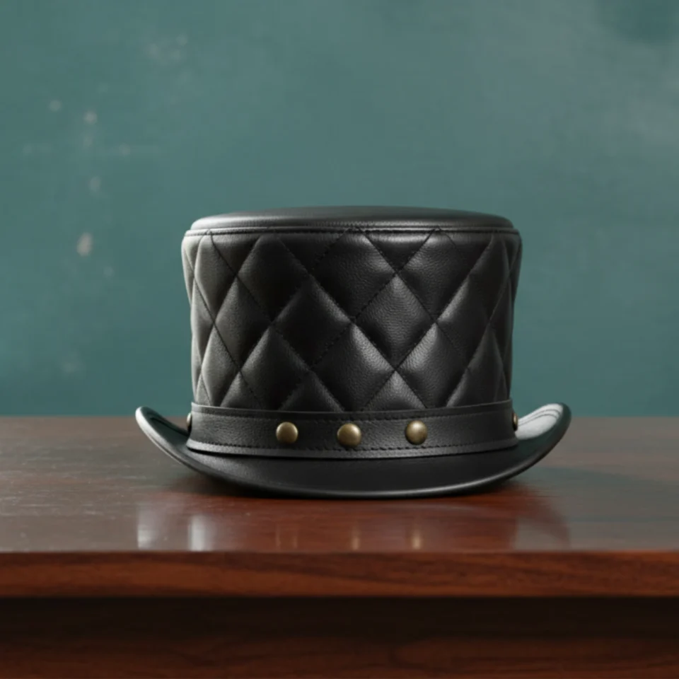 Light Neutral Handmade Leather Steampunk Top Hat Style 151 side view - light neutral steampunk top hat with structured crown