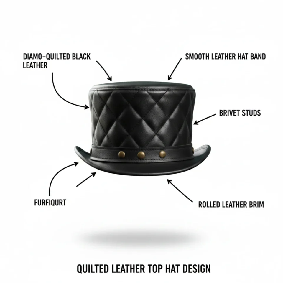 Light Neutral Handmade Leather Steampunk Top Hat Style 151 three quarter view - light neutral steampunk top hat with structured crown
