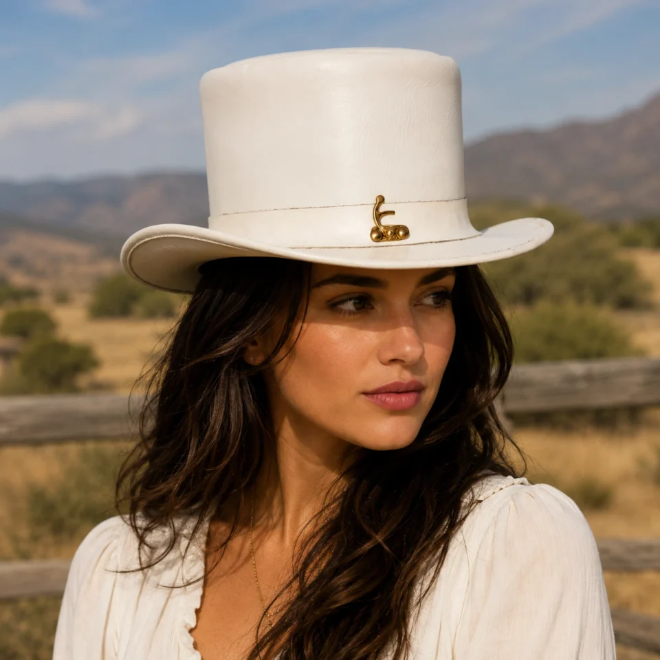 White Top Hat with Side Grommets front view - white / ivory tall top hat / western top hat