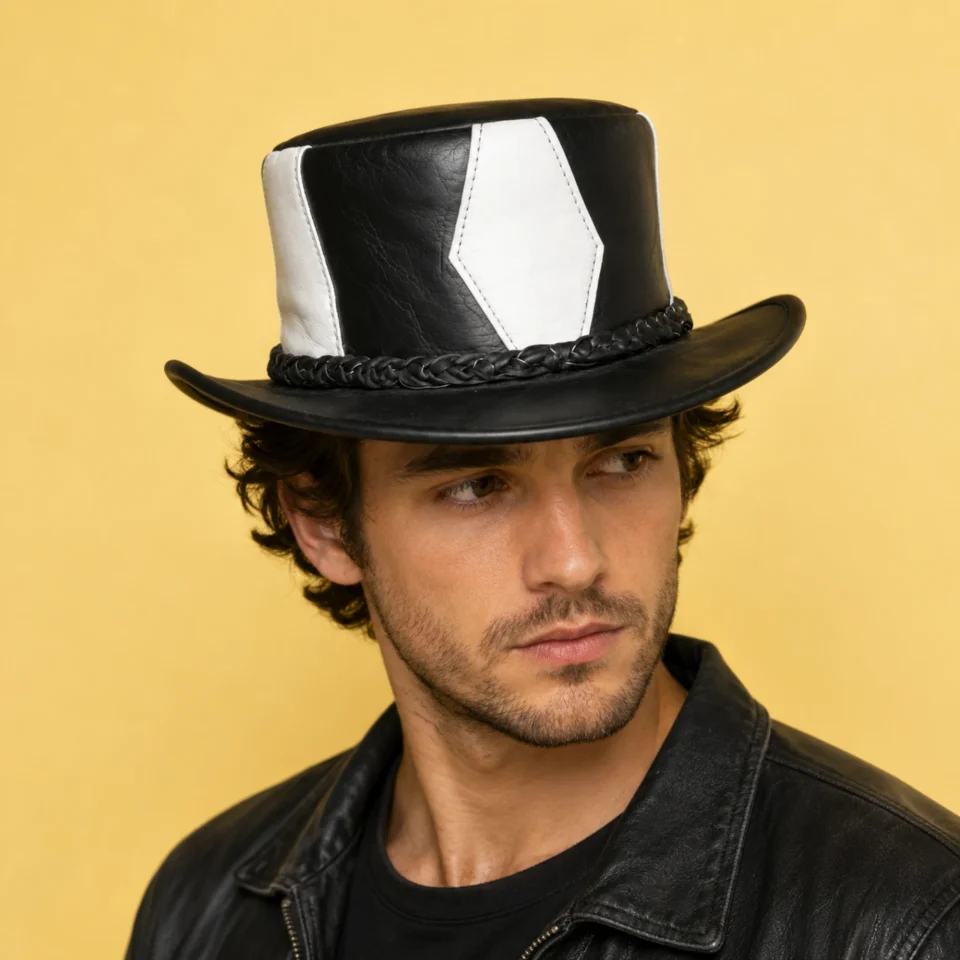Black and White Western Top Hat front view - black with white side panels tall top hat / western top hat