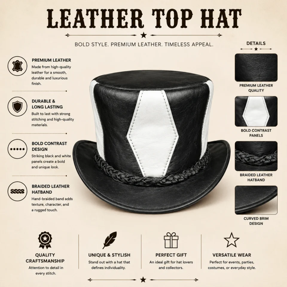 Black and White Western Top Hat three-quarter view - black with white side panels tall top hat / western top hat
