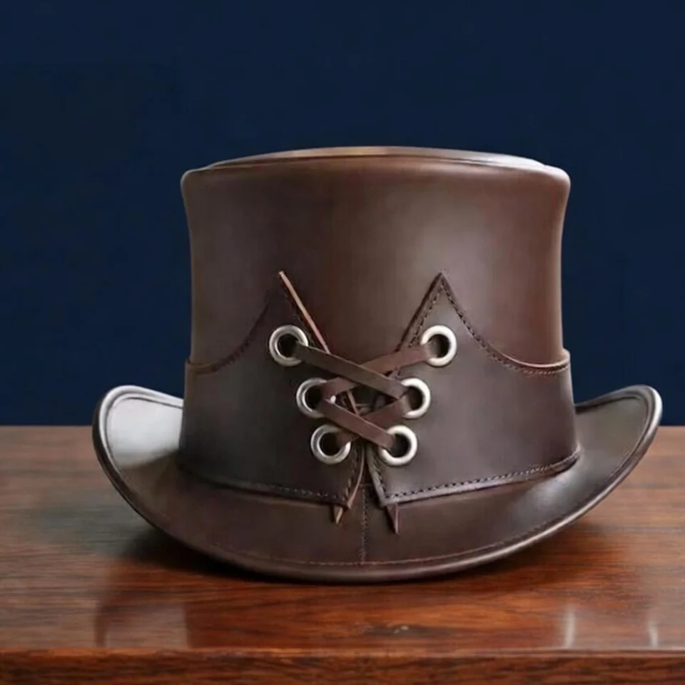 Light Neutral Handmade Leather Steampunk Top Hat Style 166 back view - light neutral steampunk top hat with structured crown