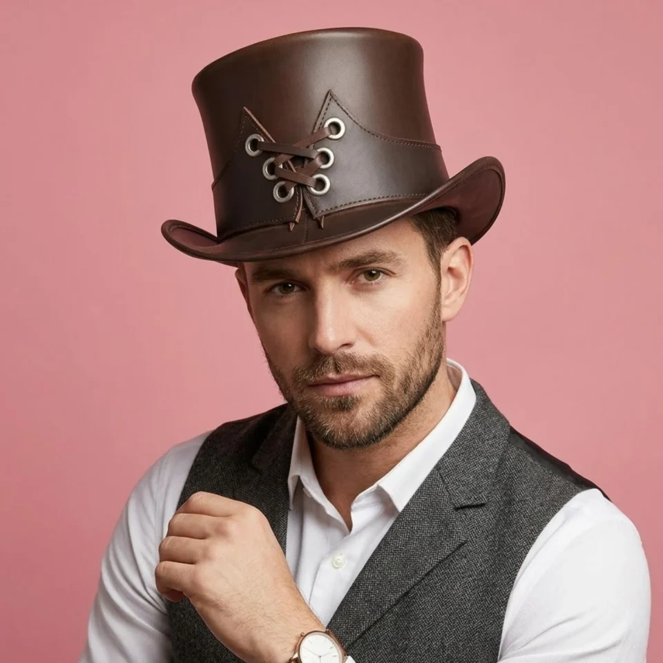 Light Neutral Handmade Leather Steampunk Top Hat Style 166 front view - light neutral steampunk top hat with structured crown