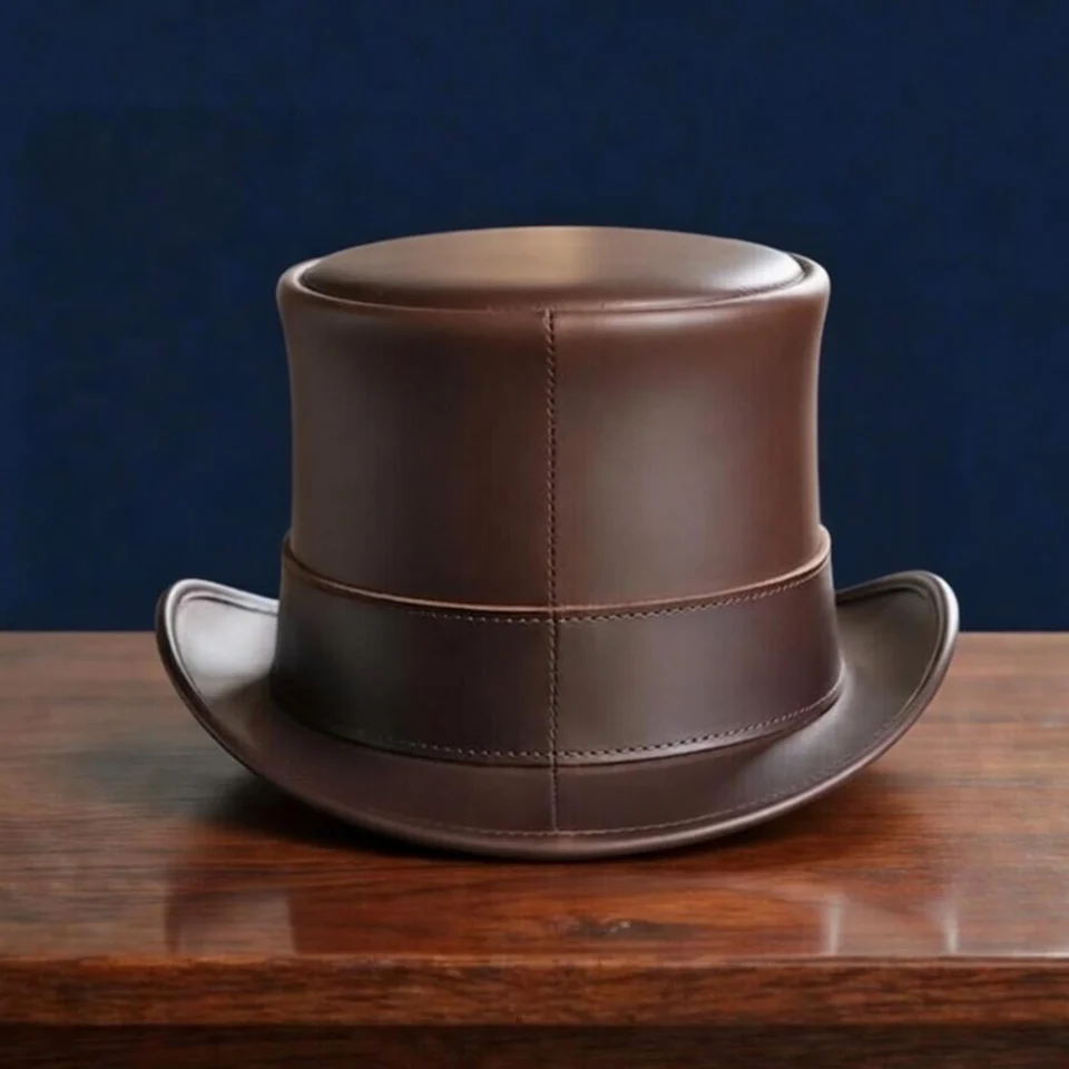 Light Neutral Handmade Leather Steampunk Top Hat Style 166 gallery view 05 - light neutral steampunk top hat with structured crown