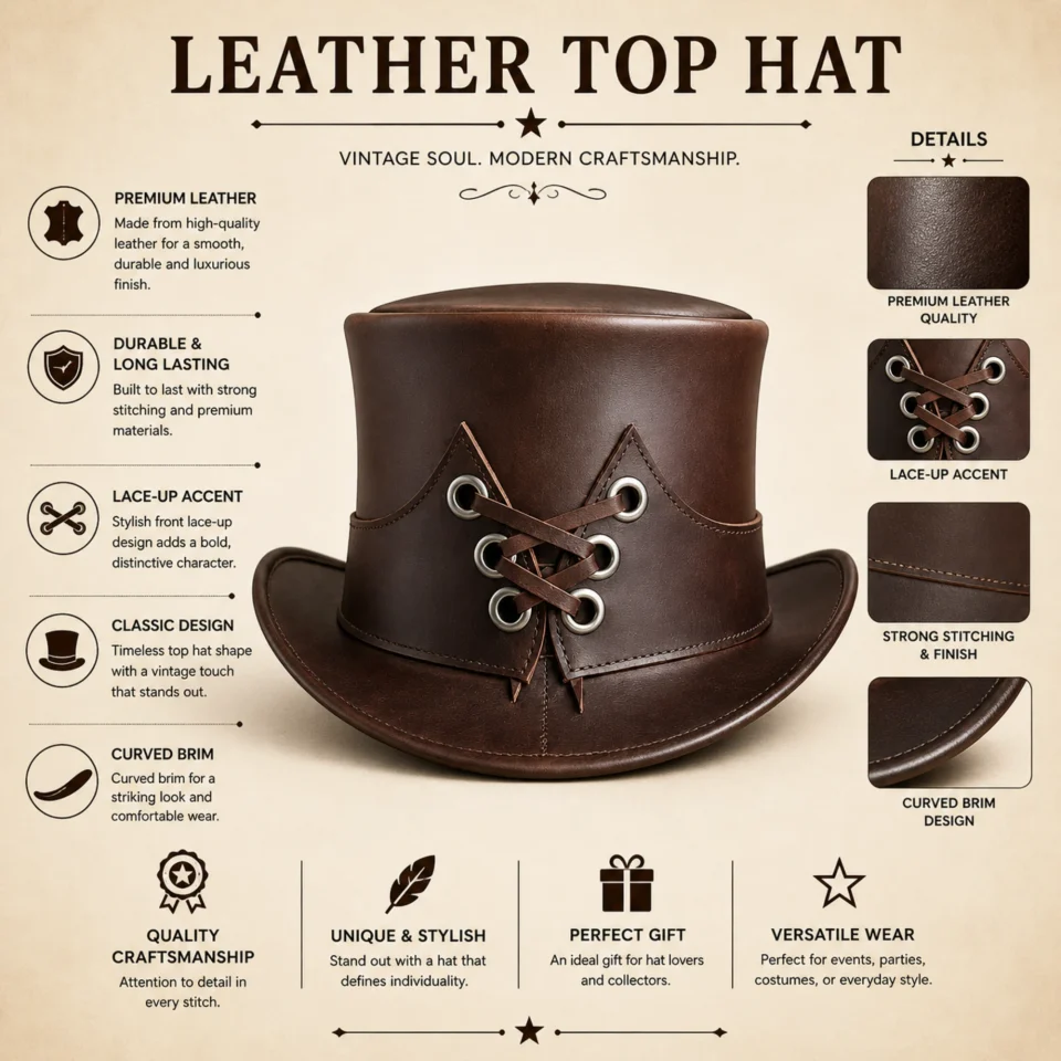 Light Neutral Handmade Leather Steampunk Top Hat Style 166 three quarter view - light neutral steampunk top hat with structured crown