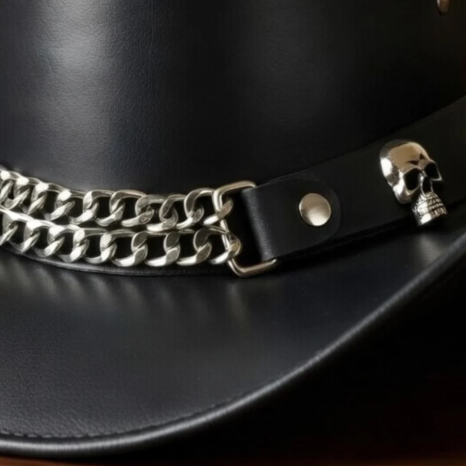 Light Neutral Handmade Leather Steampunk Top Hat Style 169 side view - light neutral steampunk top hat with structured crown