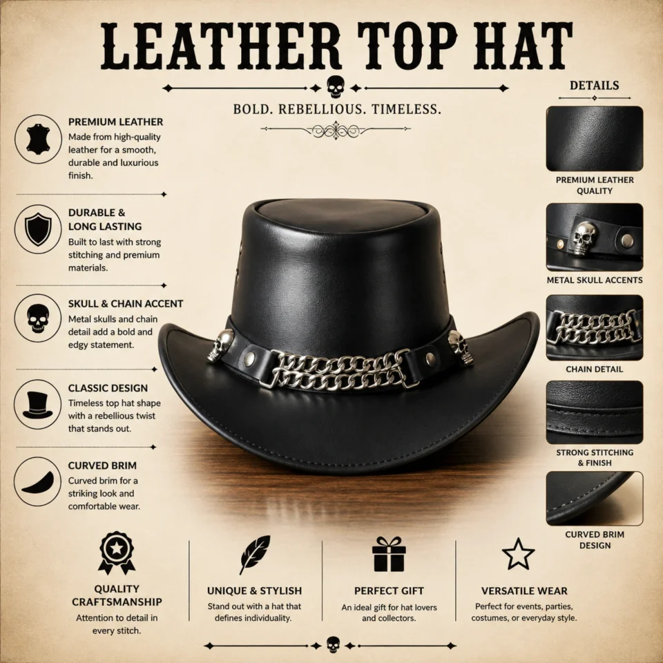 Light Neutral Handmade Leather Steampunk Top Hat Style 169 three quarter view - light neutral steampunk top hat with structured crown