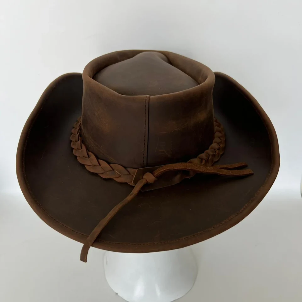 Light Neutral Handmade Leather Steampunk Top Hat Style 172 back view - light neutral steampunk top hat with structured crown