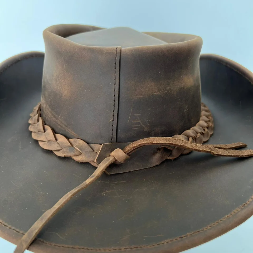 Light Neutral Handmade Leather Steampunk Top Hat Style 172 side view - light neutral steampunk top hat with structured crown