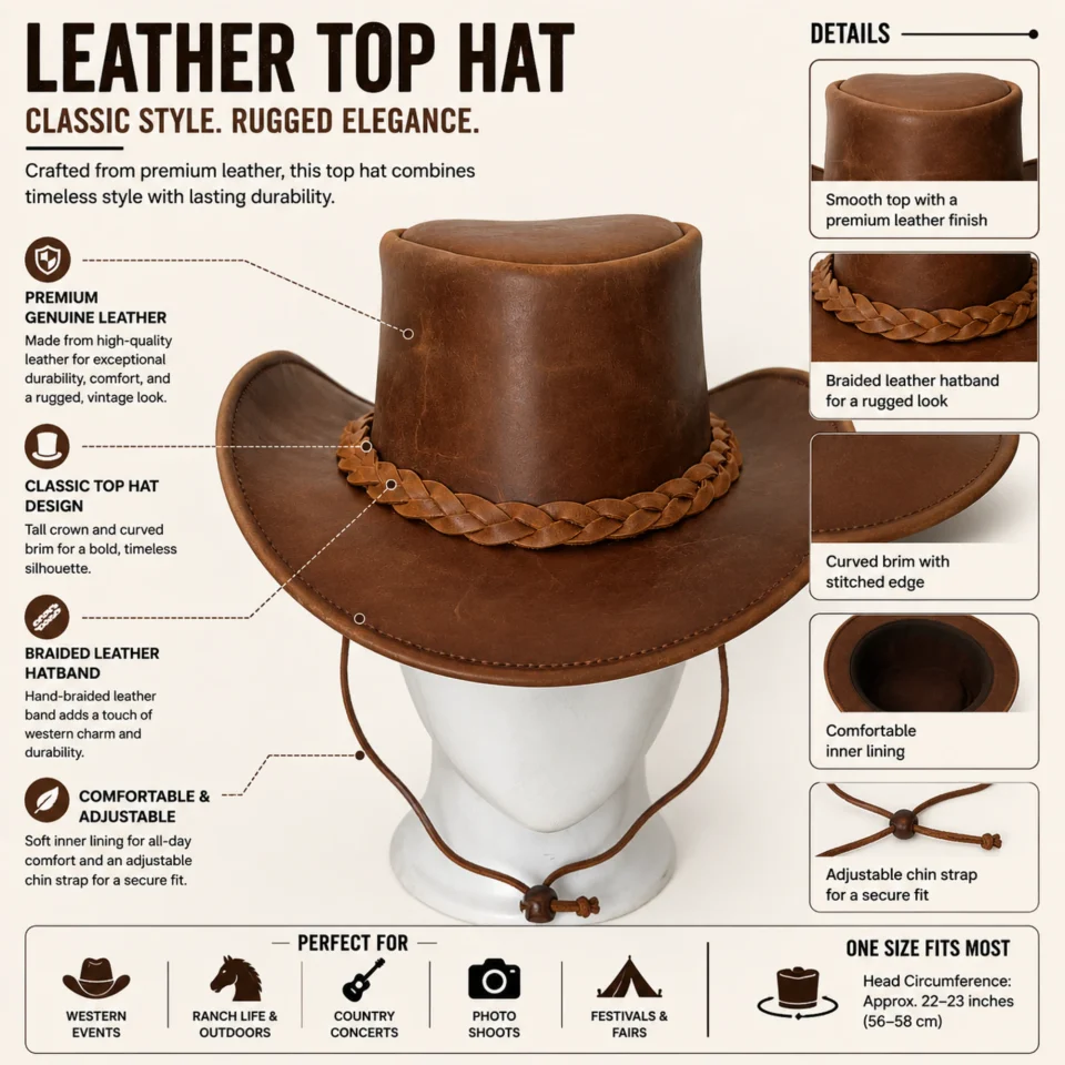 Brown Braided Western Top Hat three-quarter view - brown tall top hat / western top hat