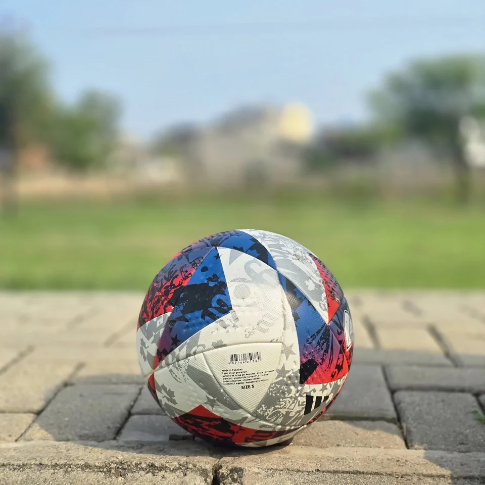 Red Blue & Silver Graphic Hand-Stitched Football back view - handmade football with red, blue, silver, and white angular graphic panels