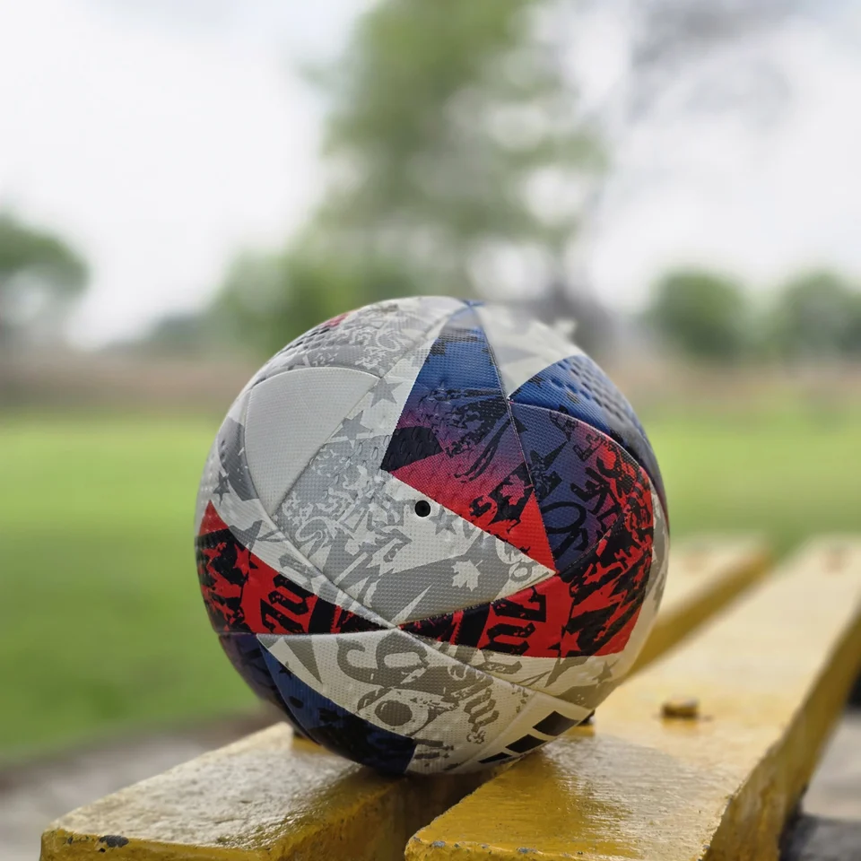 Red Blue Silver Graphic Thermal Bonded Football back view - thermal bonded football with red, blue, silver, and white graphic panels