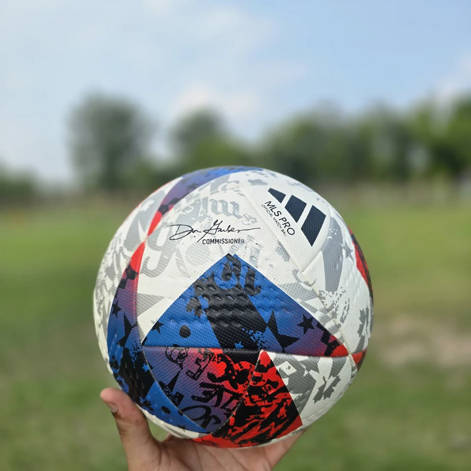 Red Blue Silver M.S Pro Style Thermal Bonded Football back view - thermal bonded football with red, blue, silver, and white angular graphics and visible M